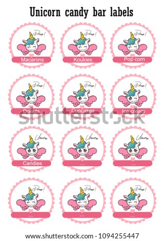 Candy bar dessert labels / Unicorn pink stickers collection vector