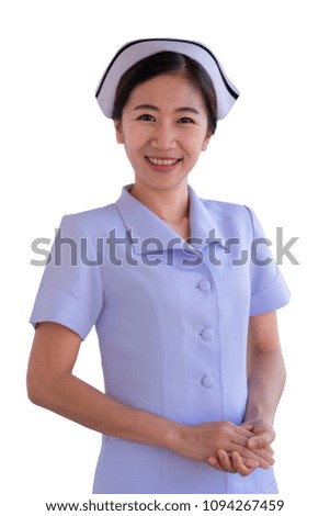 Beautiful Asian nurse on white background.
