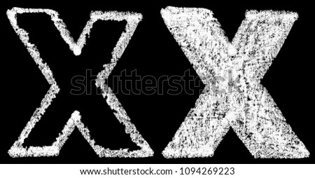 handwritten white chalk english letters X isolated on black background, hand-drawn chalk lettering, stock illustration