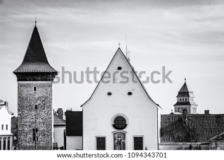 Church of St. John the Baptist, Znojmo, southern Moravia, Czech republic. Religious architecture. Travel destination. Black and white photo.
