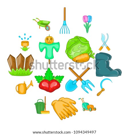 Garden icons set in cartoon style. Gardening set isolated vector illustration