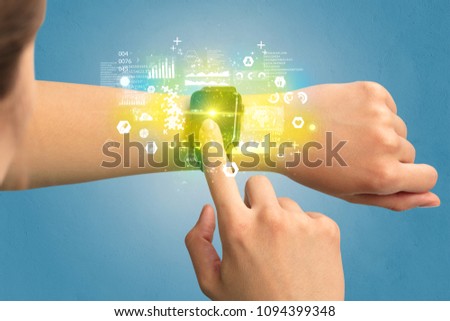 Hand with smartwatch and health medical tracker concept. 