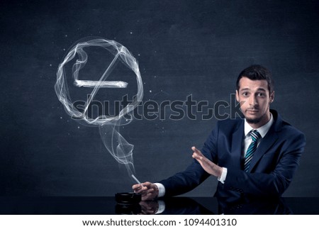 Businessman smoking cigarette and the smoke forms a no smoking sign.