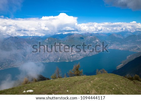 Panorama of the gorgeous Lake Garda surrounded by mountains in Monte Baldo Macesine, Provincia di Verona, Veneto, Italy