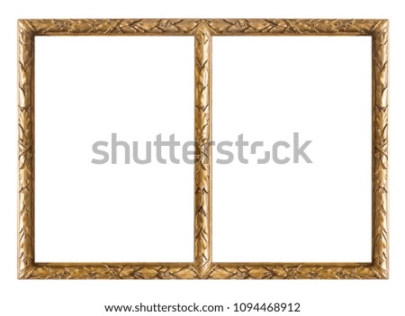 Golden double frame (diptych) on a white background for paintings, mirrors or photos