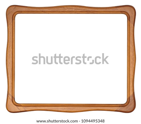 Natural wooden picture frame with bends and rounded corners isolated on white background