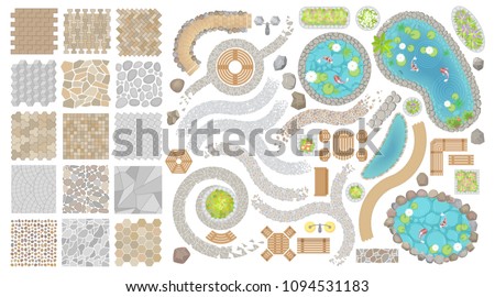 Set of vector street pavements and elements of the park. (Top view) Collection for landscape design, plan, maps. (View from above) Flowerbed, paths, furniture, ponds, stones. Royalty-Free Stock Photo #1094531183