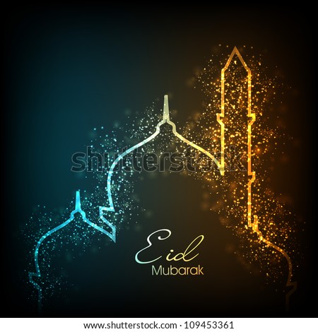 Beautiful greeting card for Eid Mubarak festival with shiny Mosque and Masjid. Royalty-Free Stock Photo #109453361