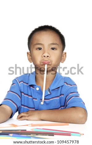 little boy reading a book fun on white background