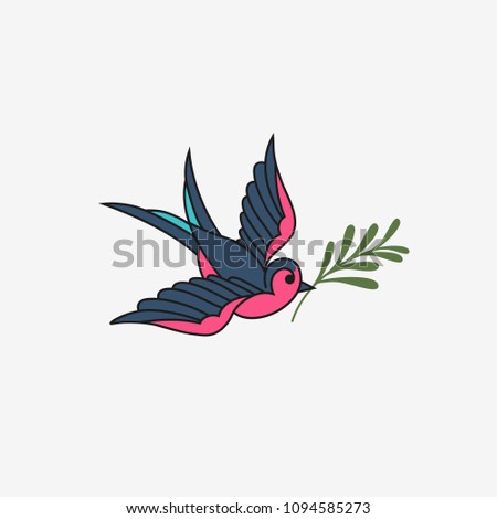 Swallow with olive branch, icon on white background. Vector illustration. 