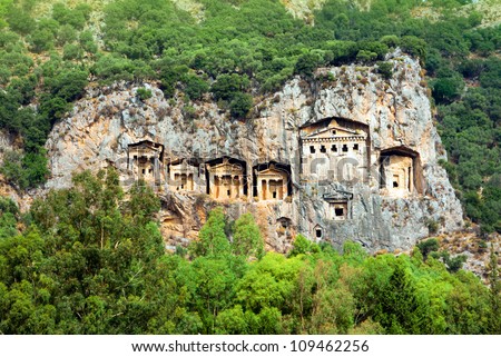Famous Lycian Tombs of ancient Caunos city, Dalyan, Turkey Royalty-Free Stock Photo #109462256