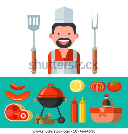 Barbecue set. Vector clip art. Cheerful cute chef, fresh meat, vegetables, ketchup, mustard, wood, barbecue and picnic basket.