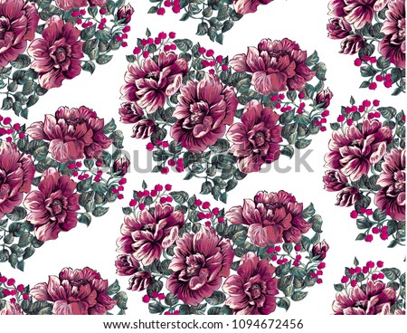 Flower pattern with peony hearts on white background