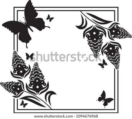 Flower frame with butterflies silhouettes. Copy space. Raster clip art.
