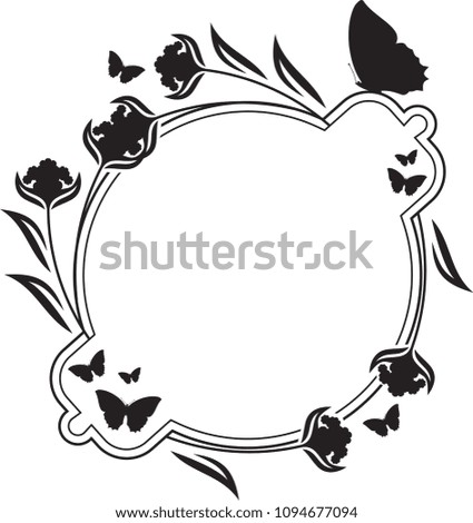Flower frame with butterflies silhouettes. Copy space. Raster clip art.