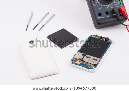 Concept of fixing repairing mobile smartphone on white background