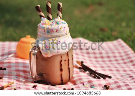 Iced milk white malt topped with yummy marshmallow fluff, sprinkles and wafer sticks. Decorated with chocolate chip, candy and orange on red Scotch pattern cloth in the picnic garden. 