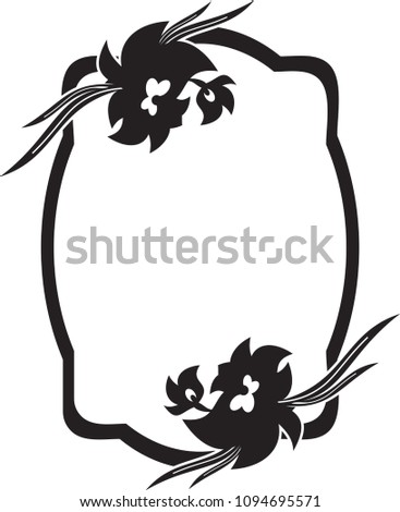 Black and white frame with flowers silhouettes. Copy space. Raster clip art.