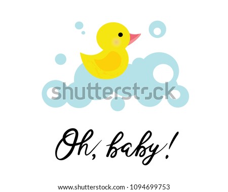 Vector illustration of a baby shower Invitation with a cute yellow duck. Can be used for cards, flyers, posters, t-shirts.