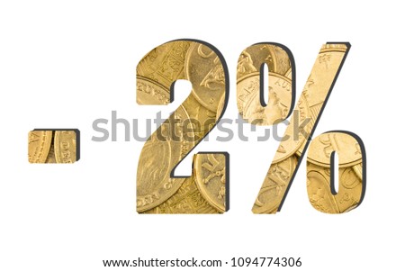 - 2% Percent and Discount. Shiny golden coins textures for designers. White isolate
