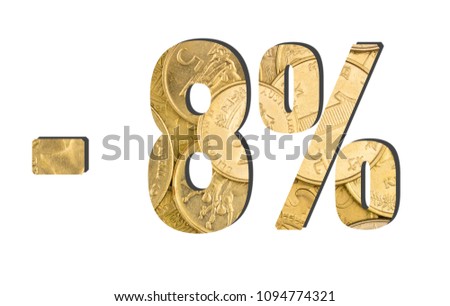 - 8% Percent and Discount. Shiny golden coins textures for designers. White isolate