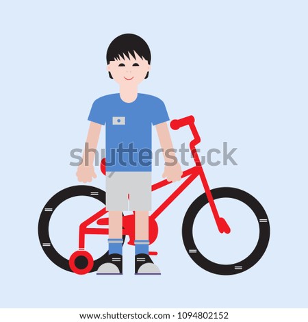 Boy and his bicycle. Sport and active leisure.