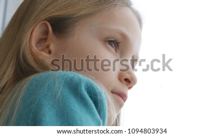 Sad Child Portrait Looking on Window, Bored Thoughtful Girl Pensive Kid Face