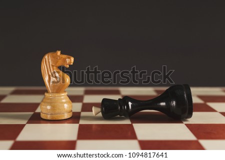 White horse has got victory under black queen on chessboard. Aspiration, inside strength and lead to victory, copy space