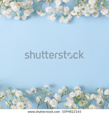 Styled stock photo. Feminine wedding desktop mockup with baby's breath Gypsophila flowers on  blue background. Empty space. Floral frame, web banner. Top view. Square icture for blog or social media.