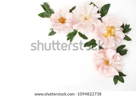 Feminine styled stock photo with pink peony flowers and leaves isolated on white background. Flat lay, top view. Floral pattern, composition.