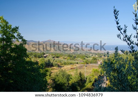 The pictures landscape of Sicily coast with Castelmola, Taormina and Giardini Naxos towns view in the background.Sicily, Italy