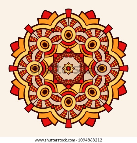 Mandala. Creative circular ornament. Round symmetrical pattern. Vintage decorative elements. Ethnic oriental pattern. Ottoman motifs. Tattoo design. Vector colorful illustration.