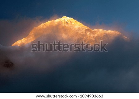 Evening sunset view of Mount Makalu with clouds, Nepal Himalayas mountains , Barun valley