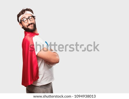 young crazy, bearded and expressive sports man gesturing emotion and signs isolated against monochrome background