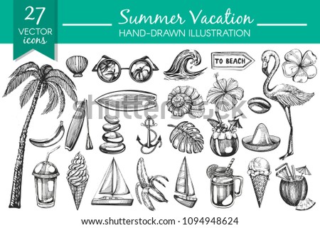 Vector collection with hand drawn summer elements