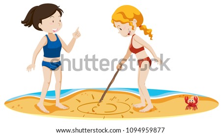 Girls Drawing Sun at the Sand illustration