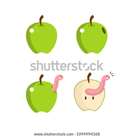 Cute pink worm coming out of an green apple then worm shocked because was found.Whole apple and half apple.Vector Illustration.