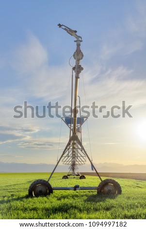 Bright sunshine highlights the irrigation sprinkler and green farmland with the rocky mountains and blue sky beyond