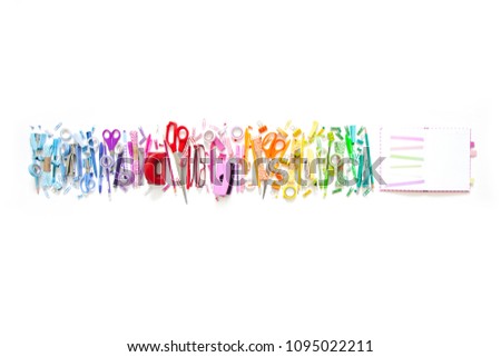 School accessories are laid out in the form of a rainbow. Line, row on a white background.