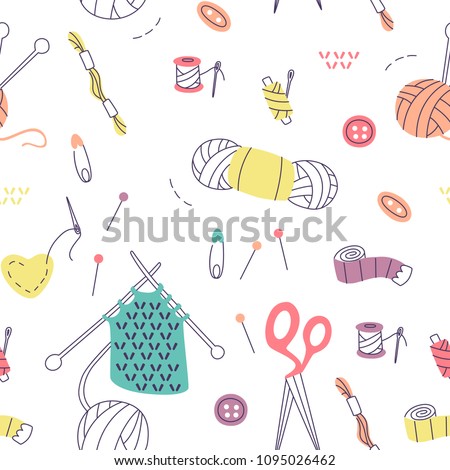 Pattern with Knitting and Sewing Tools. Vector Doodle Elements. 