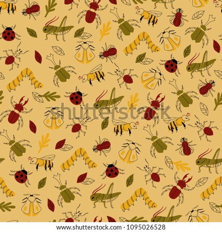 Seamless Vector Pattern with Bugs, Moth, Fly, Ant and Bee.