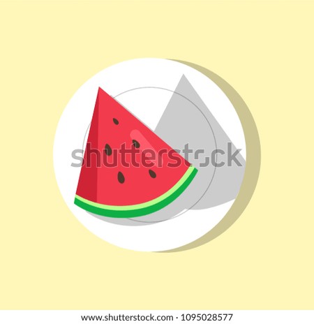 Watermelon slice on plate, fruit piece of triangular shape that has seeds in black color, juicy summer food isolated cartoon flat vector illustration.