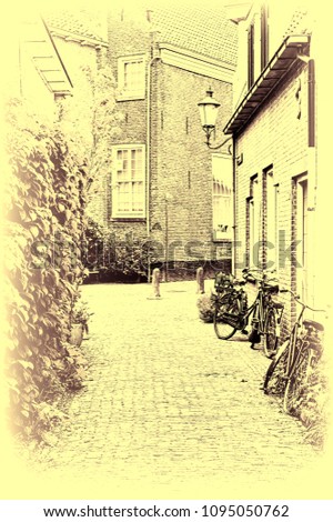 Typical Dutch brick houses in Holland. Street View with bikes parked in the historical center of Amersfoort in the Netherlands. Vintage style toned picture