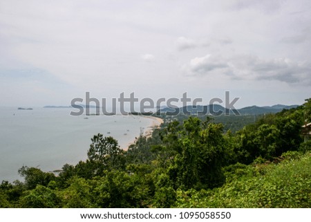 Sea view, high angle view on the beautiful high mountains of southern Thailand.