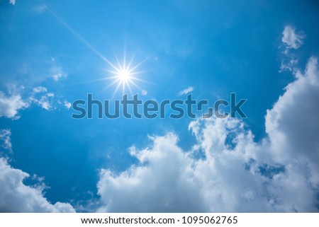 Blue sky with clouds and sun background.