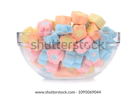 bowl of sweet marshmallow in the shape of flower isolated on white background 