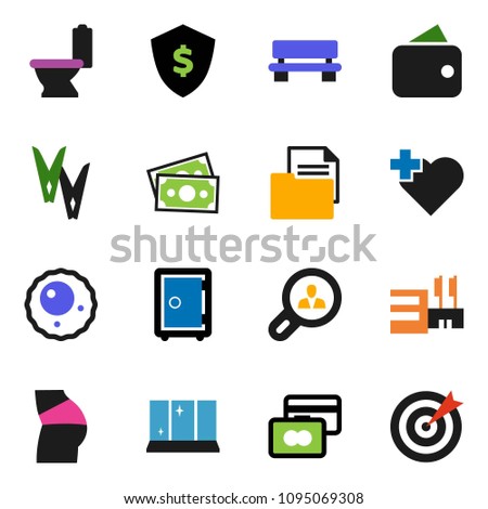 solid vector icon set - clothespin vector, toilet, shining window, credit card, dollar shield, safe, buttocks, heart cross, money, document, ovule, bench, client search, wallet, mall, target