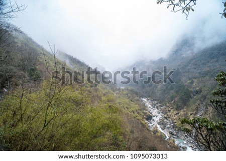 Beautiful landscape with the mountain river and forest in Himalayas mountains on the way to the Annapurna base camp, Nepal. Beautiful scenery.