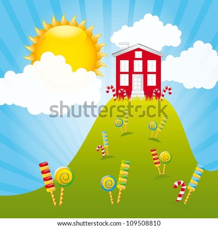 candy mountain with house and sky. vector illustration