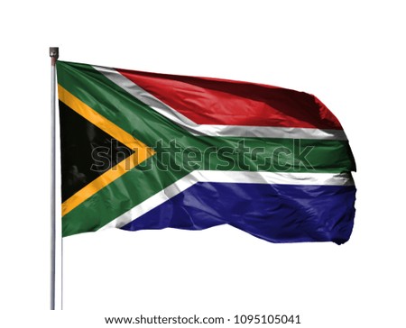 National flag of South Africa on a flagpole, isolated on white background